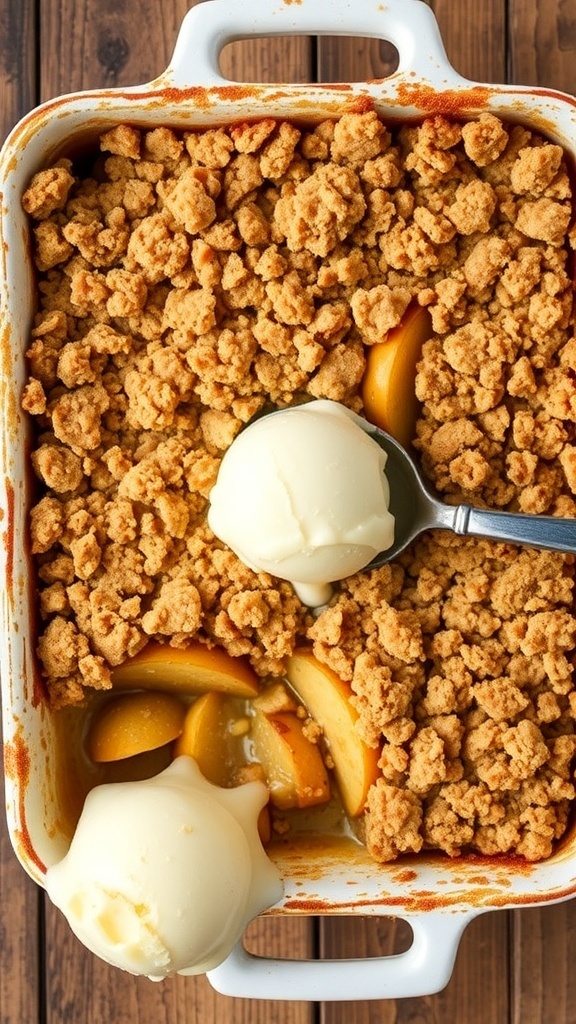 A delicious apple crumble in an 8x8 pan, topped with a golden crumble and served with vanilla ice cream.